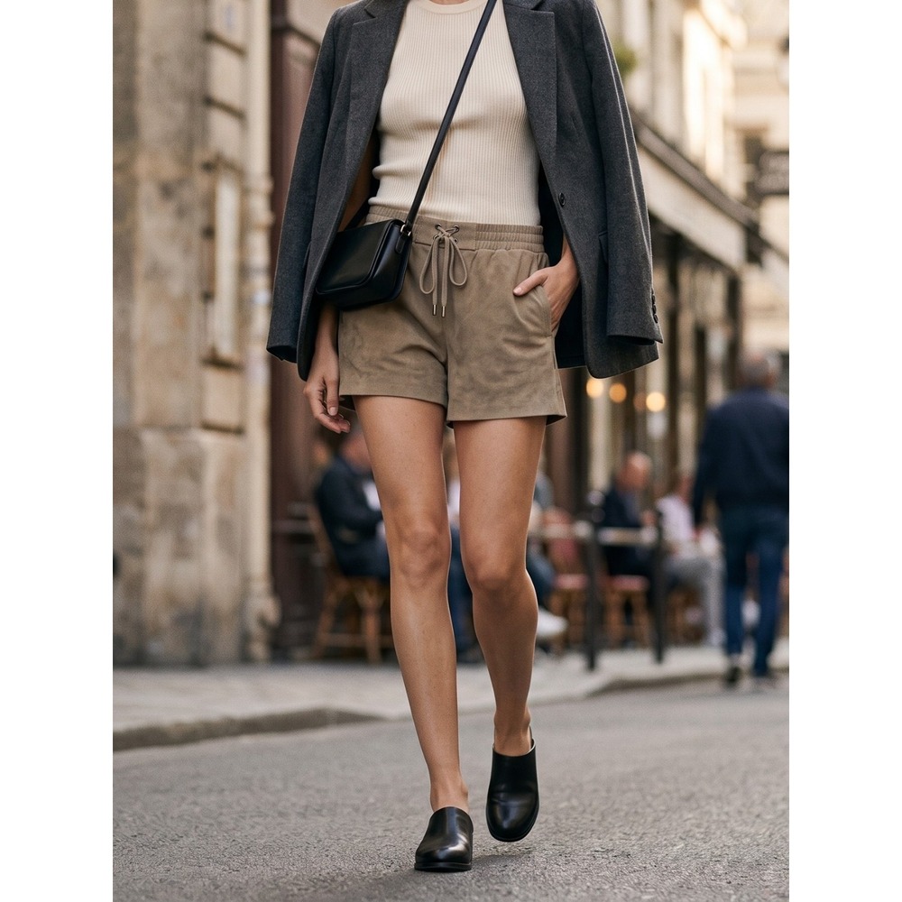 Vince Suede Leather Drawstring Boxer Shorts Concrete Beige NWT Size S $425 - Picture 2 of 11